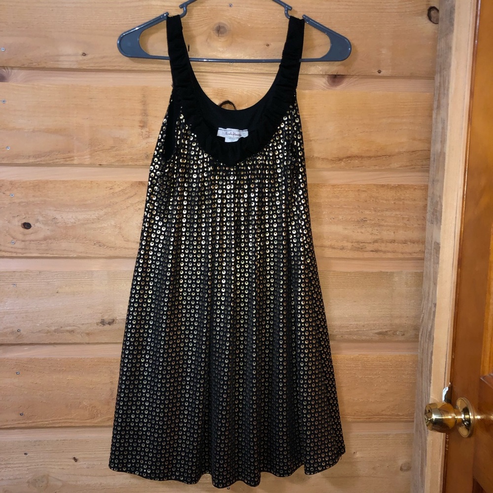 Sushi Flower black w/ metallic gold print Aline / swing short dress size Large